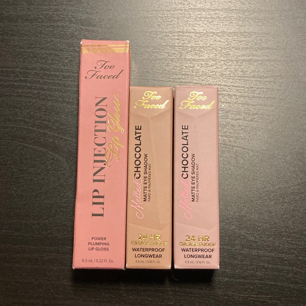 NIB Too Faced Matte Eye Shadow (2) & Plumping Lip Gloss Bundle